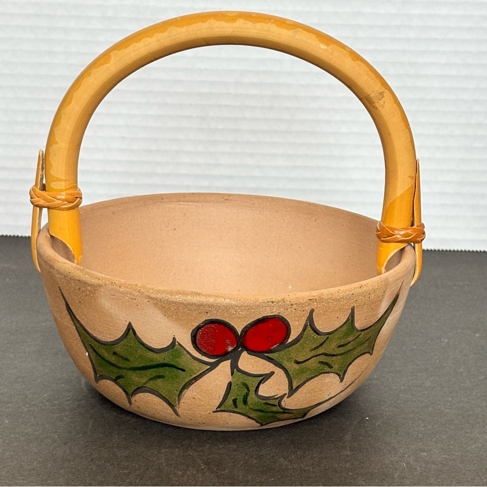 Christmas Art Pottery Bowl with Bamboo Handle Hand Painted Holly w/matching Vase - Picture 3 of 14